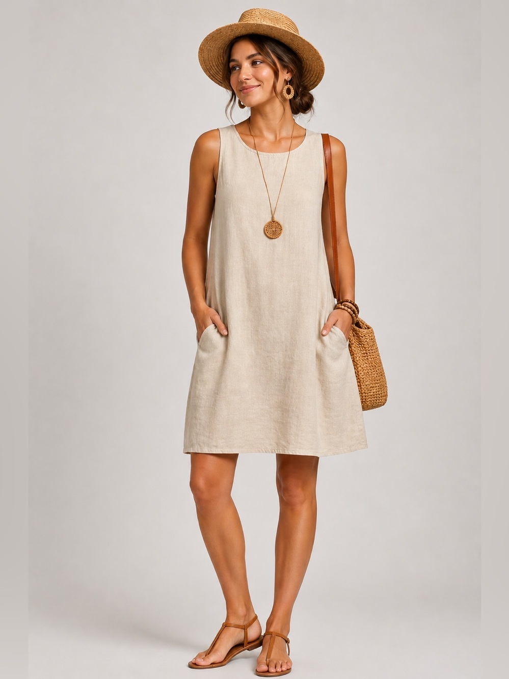 Amazhiyu 100% Linen Sleeveless Shift Dress Natural Beige Side Slit Pockets Sz  S
